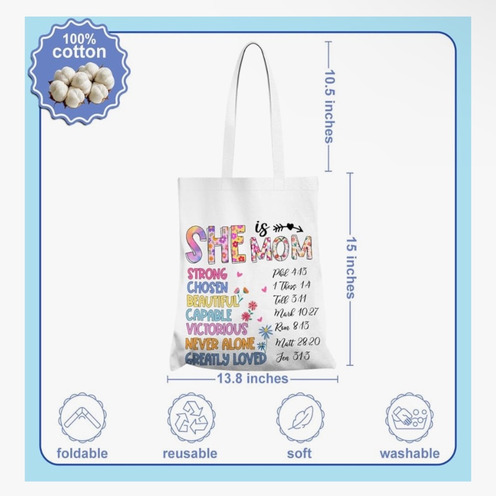 “She is Mom” Cotton Canvas Tote – Inspirational, for Mom/Grandma – 13.8” x 16” - Picture 2 of 2